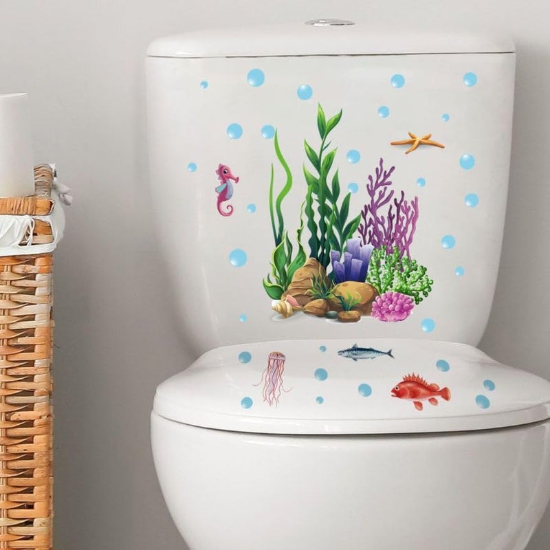 Ethanberg 2 Sheets Ocean Grass Fish Toilet Cover Stickers, Seagrass Coral Starfish Toilet Lid Decals, Bathroom Decorative Wall Stickers, Self-Adhesive Removable Waterproof WC Restroom Wall Art Mural - Image 1